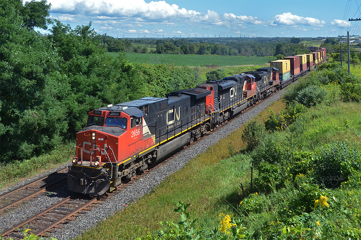 Canadian National Dash 9-44CW 2656, SD70M-2 8924 and Dash 8-40CW 2154 (ex-BNSF 838, nee-ATSF 838) are providing 12,700-horsepower of muscle for train Q 14921.  This intermodal train, passing through Newtonville, Ontario, is heading from Montréal, Québec, to Chicago, Illinois.  (August 25, 2019)