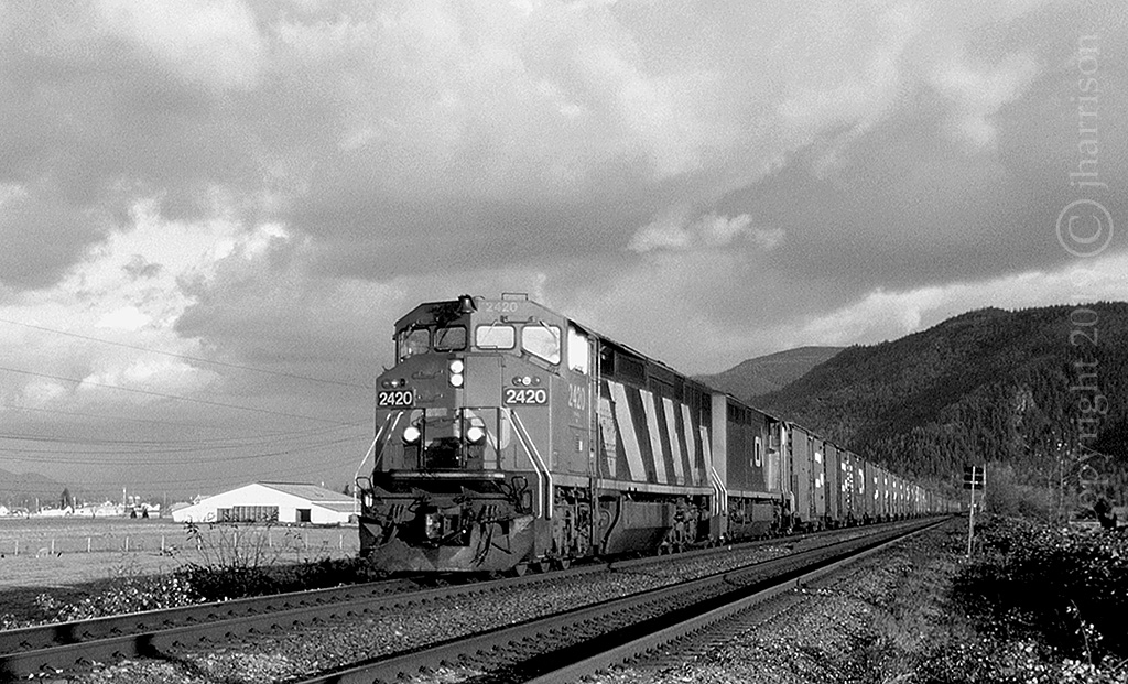 CN 2420 and 2454, two GE C40-8M's, are westbound at Sumas Mountain on CN's Yale Sub. Kodachrome 200.
