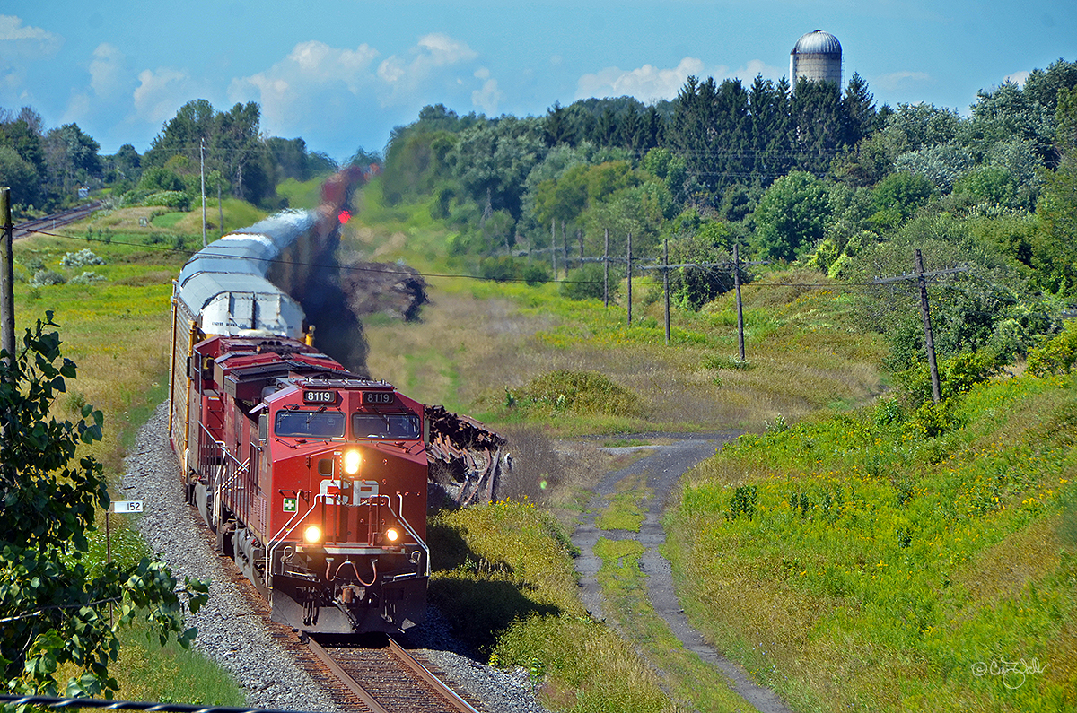 Canadian Pacific train 142 heads east through Newtonville, Ontario, on the CP’s Belleville Subdivision, three miles east of Lovekin.  This manifest, powered by AC4400CWM 8119 (formerly CP AC4400CW 9619) and ES44AC 8809, is heading from Schiller East IMF (in Schiller Park, just west of Chicago, Illinois) to Hochelaga, Québec (in suburban Montréal) – a distance of 850 miles (about 1368 km) or so.  (August 25, 2019)