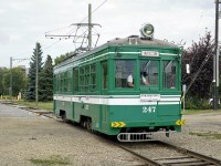 This is the Edmonton Radial Railway's line from old Strathcona across the High Level Bridge to Jasper Avenue.  An unexpected treat this day 247 was not on duty but they decided to move her to a different bay in the shed which meant she came out and posed nicely on the main track.  247 is a 1921 built tram from Osaka, Japan from the Hankai Electric Railway.