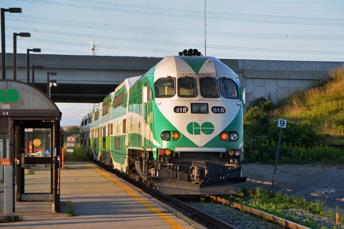 GO Transit train 7905 (Lincolnville to Toronto) departs the Unionville station in Markham, Ontario, with MP40PH-3C 618 shoving on the rear.  This location is called Hagerman on Canadian National's Uxbridge Subdivision.  So, three names for the same location?  That's not confusing at all!  (August 30, 2019)