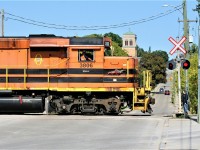 Goderich-Exeter Railway (GEXR) train 580 is crossing Madison Avenue in Kitchener as it heads to the interchange with Canadian Pacific on the Huron Park Spur.  The consist included; SLR GP40-3 3806 and RLK GP40 4095. In less than two months, the Huron Park Spur would revert back to being operated by CN. This was due to the lease of the Guelph Subdivision and related spurs expiring in November 2018, which ultimately wasn’t renewed by G&W. 