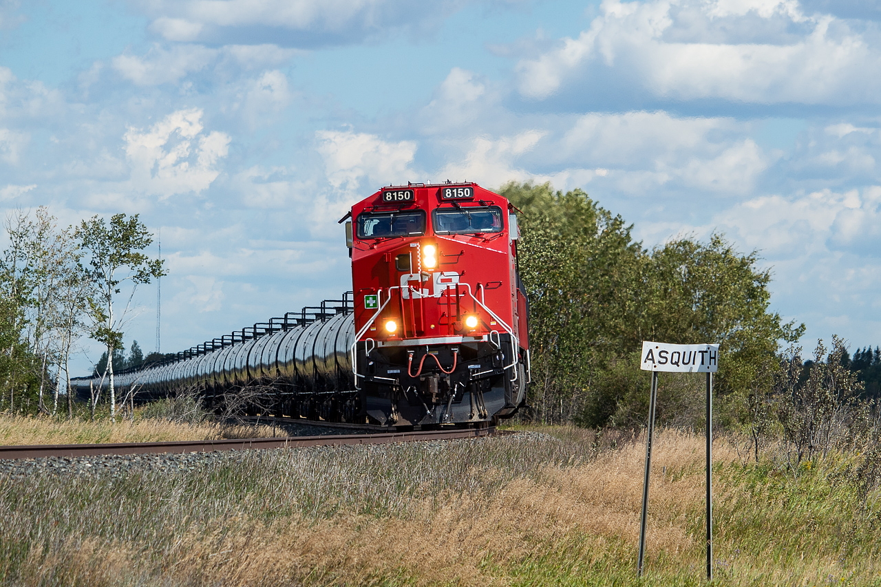 CP 583 (unit oil empties), with the 8150 solo, takes the bend coming out of Asquith, Saskatchewan as it continues its journey back to Alberta.