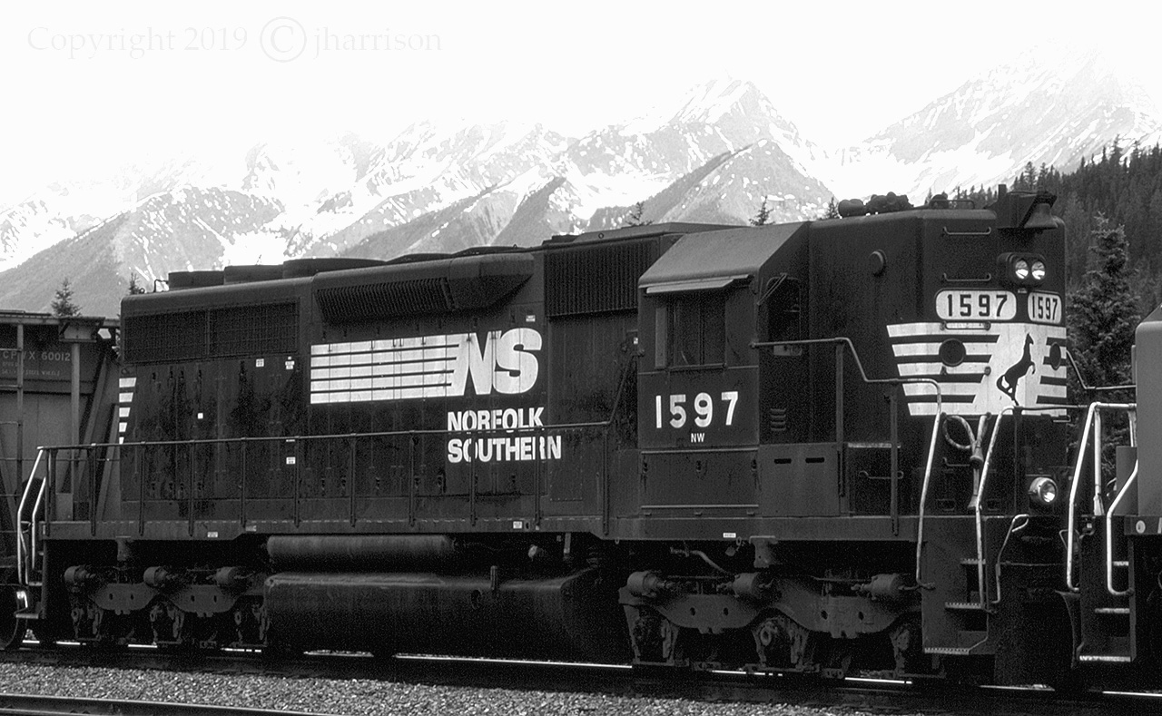 NS 1597, an EMD SD40 built in 1966, is the last in line trailing unit with CP 5868 (Photo id 38714) at Field on CP's Mountain Sub.