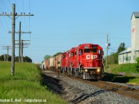 Ontario has grain elevators too! Here's one of the few remaining old style elevators left in Ontario located beside railway. Ayr is steeped in rural roots but is quickly becoming a bedroom community.  After T69 performed a lift of grain cars off the Pit spur the train is blasting off with 3 GP38-2's for London. Above the purple wildflowers at right is what remains of this elevator complex, here's a <a href=http://www.railpictures.ca/?attachment_id=22989 target=_blank>Mooney pic from 18 years ago</a> to compare the elevator before it was repainted. Most of the complex in Mooneys photo has now been torn down. 