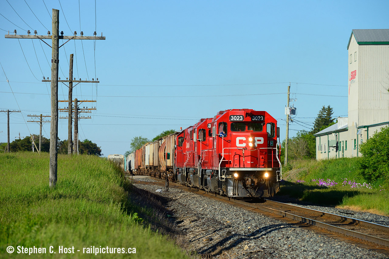 Ontario has grain elevators too! Here's one of the few remaining old style elevators left in Ontario located beside railway. Ayr is steeped in rural roots but is quickly becoming a bedroom community.  After T69 performed a lift of grain cars off the Pit spur the train is blasting off with 3 GP38-2's for London. Above the purple wildflowers at right is what remains of this elevator complex, here's a Mooney pic from 18 years ago to compare the elevator before it was repainted. Most of the complex in Mooneys photo has now been torn down.