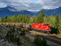 Brand new CP SD70ACU 7002 leads empty CN coal train C740 up the hill at Canoe River, heading back to home rails at Kamloops after dumping at Ridley Island in Prince Rupert a couple of days ago. This train is destined for re-loading at the Line Creek Mine near Sparwood, BC.