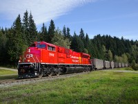 For the first time, one of CP's brand new SD70ACUs was put in the lead position on a coal train. As luck would have it (for me anyway!) it happened to be on a train destined for Prince Rupert, handed off from CP to CN at Kamloops. Here we see CP SD70ACU 7002 leading train C741 east at Mile 103 of CN's Albreda Sub between Lempriere and Clemina West. The train will eventually turn west at Harvey, east (north) of Valemount, BC for the remainder of the run to Prince Rupert.