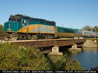 VIA F40PH-2D #6443 leads train #73 across Belle River about 22 minutes before arriving in Windsor from it's trip from Toronto on October 9, 2019.