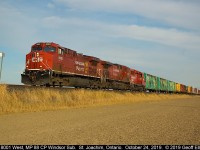 CP AC4400CWM #8001, former AC44CW #9502, leads a GE sister and GP20Eco westbound at MP 88 of the CP Windsor Subdivision near St. Joachim, Ontario.  Gotta love the nice low afternoon light this time of year.
