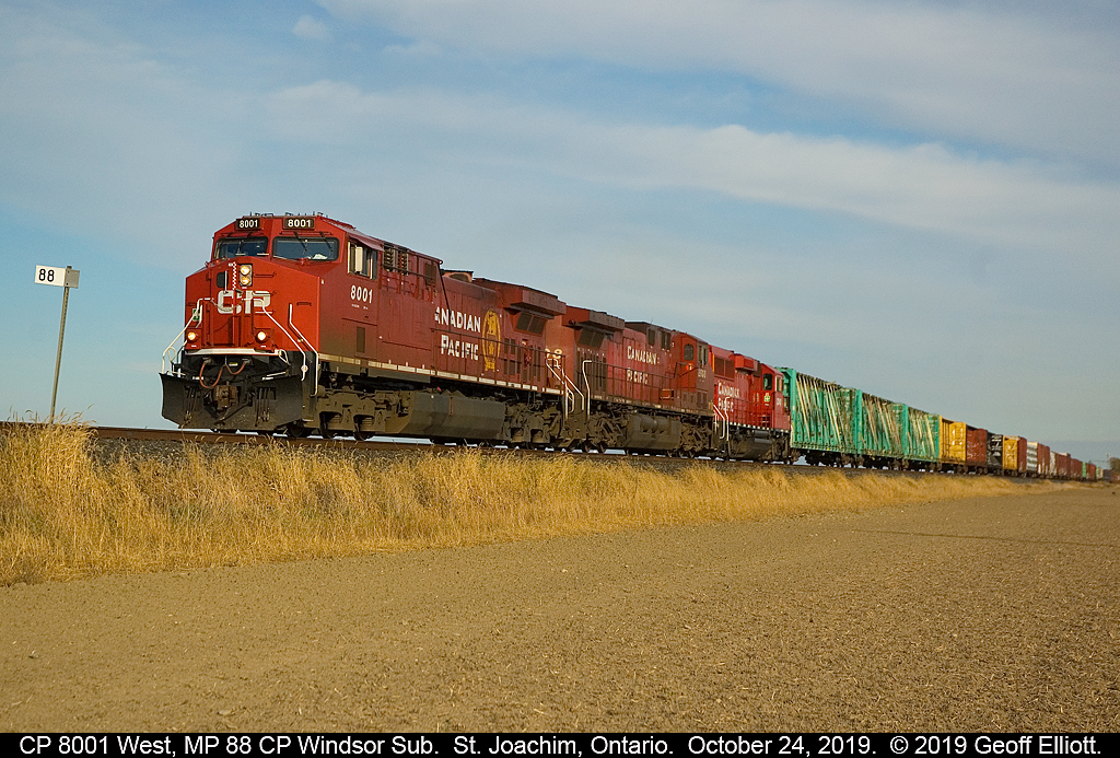 CP AC4400CWM #8001, former AC44CW #9502, leads a GE sister and GP20Eco westbound at MP 88 of the CP Windsor Subdivision near St. Joachim, Ontario.  Gotta love the nice low afternoon light this time of year.