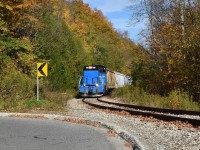 The leaves on the trees at Forks of the Credit are slowly beginning to change as GMTX 333 is seen rounding one of the many curves on this line with its bi-weekly load of empties from Orangeville for CP. Photo was taken just north of the well known Forks of the Credit Trestle bridge (which the train is about to go over) and from Forks of the Credit Road. Time is 09:54