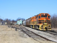 GEXR train 581 idles in the yard prior to departing for Stratford on a pleasant March afternoon.  I counted 17 cars, 15 of which were loads from the salt mine.