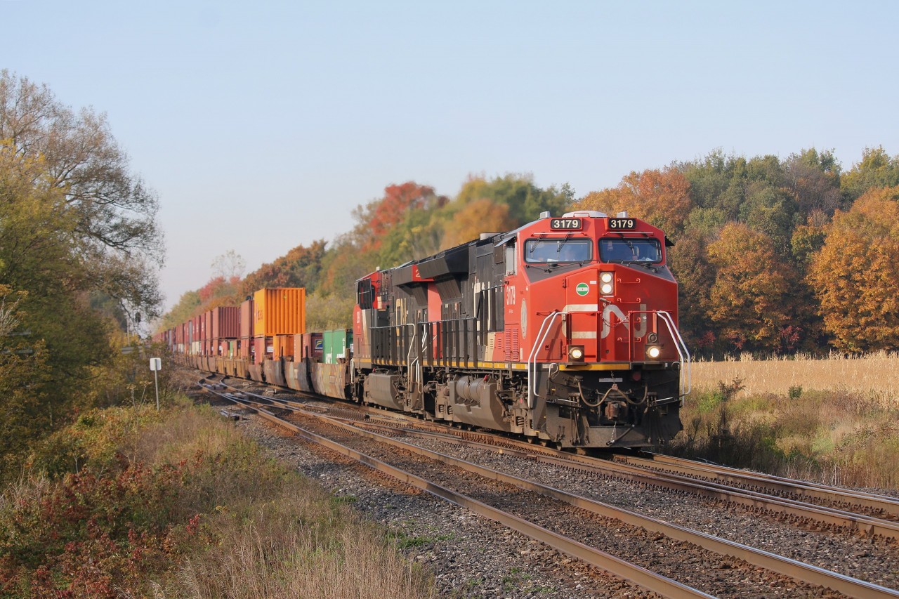 CN Q148 running the morning intermodal through the crossovers at Lihuo during the October fall colours.