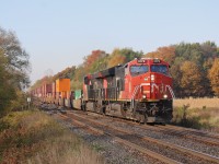 CN Q148 running the morning intermodal through the crossovers at Lihuo during the October fall colours.
