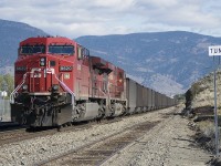 CP 8620 with the 8720 trailing is hauling a loaded coal train westward at SNS Tunkwa, and through the town of Savona, on CP's Thompson Sub. The train will veer left as is leaves town, and head down the south bank of the Thompson River, where it exits Kamloops Lake. The DPU's assigned to this train were CP 8865 and 8870.