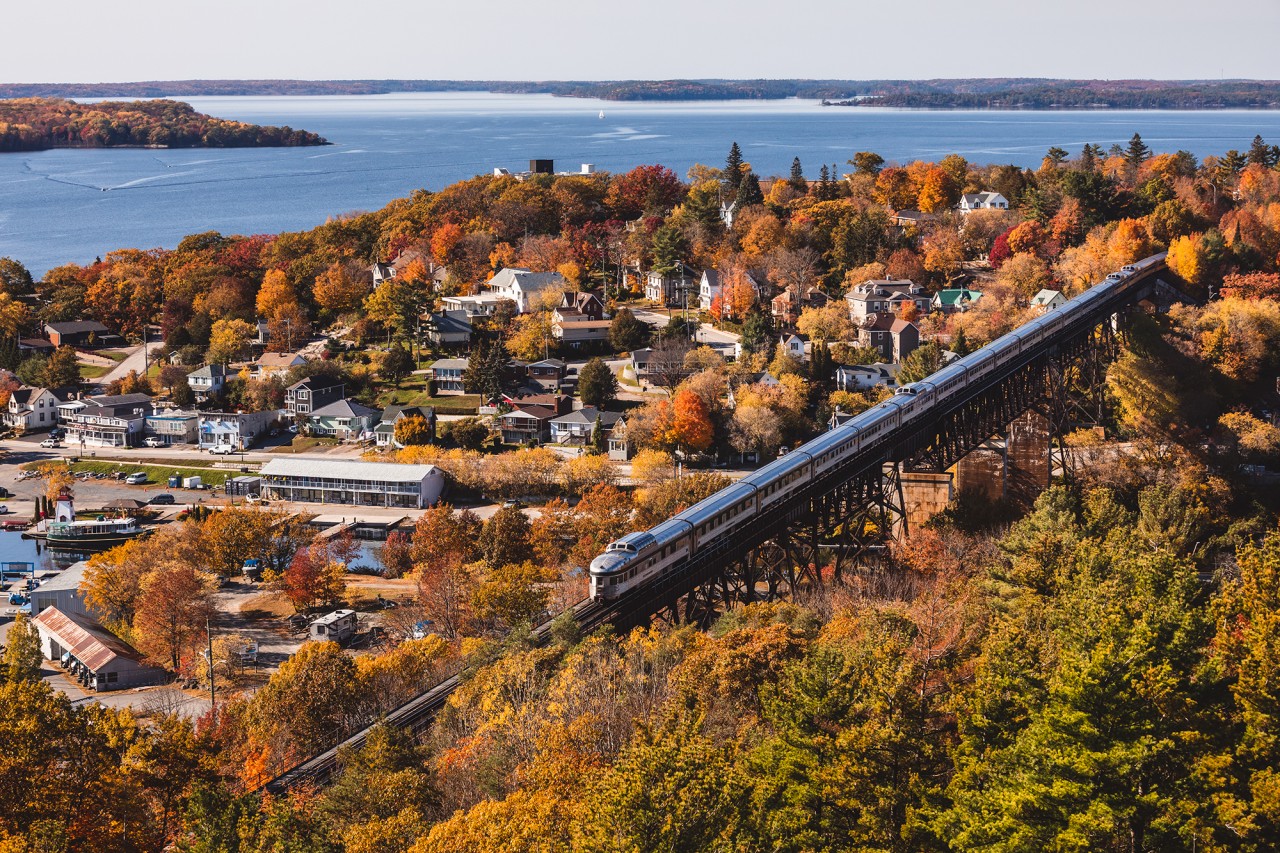 Glacier Park brings up the rear of VIA Rail's "Canadian" as it soars above Parry Sound on a gorgeous autumn afternoon.
