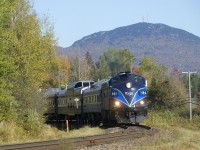 The afternoon run of the Orford Express is rounding a curve on CMQ's Sherbrooke Sub, on its way to Bromont. In the background is the train's namesake mountain, Mont-Orford. 