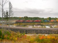I was heading north on Highway 69, looked to my right and saw this quartet of locomotives surging forward. With no passenger to grab a pace shot I decided to pull off here, about 10 kilometres up the road, and (unfortunately) crank the ISO as I stood momentarily in the rain. The paint condition of the various units reveals their respective ages in their current forms.