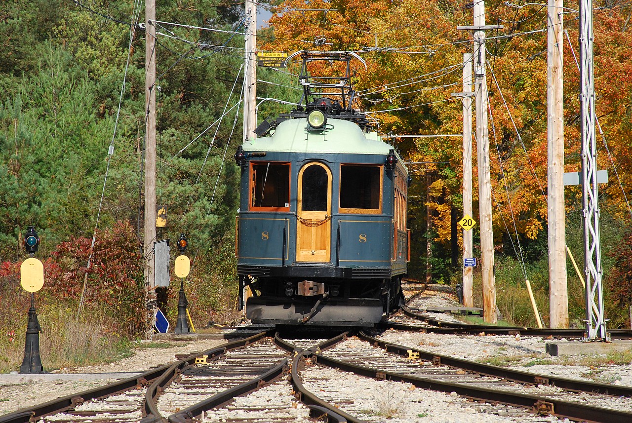 London & Port Stanley car number 8 departs the Halton County Radial Railway museum at 3:30 p.m. for a short run down to the east end of the line.  The car is too large to negotiate the loop tracks at each end of the line, so the ride isn't quite as fun as on one of the street cars.  What it lacks in ride it makes up in appearance; the car was built in 1915 by the Jewett Car Company of Newark, Ohio and has been beautifully restored.