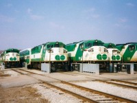The weekly GO Transit line-up is seen during a quiet Sunday morning at Guelph Junction. Before their current home base opened further east, GO Transit had based all their Galt Subdivision trains out of Guelph Junction for many years. 