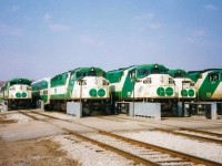The weekly GO Transit line-up is seen during a quiet Sunday morning at Guelph Junction. Before their current home base opened further east, GO Transit had based all their Galt Subdivision trains out of Guelph Junction for many years. 