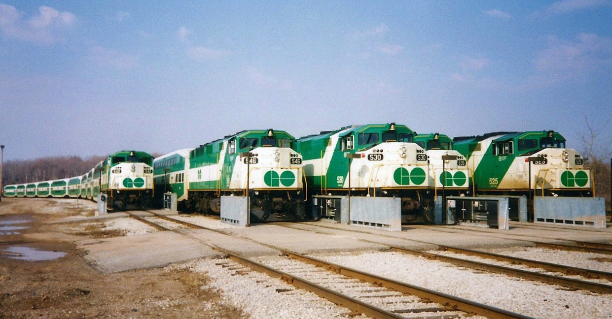 The weekly GO Transit line-up is seen during a quiet Sunday morning at Guelph Junction. Before their current home base opened further east, GO Transit had based all their Galt Subdivision trains out of Guelph Junction for many years.