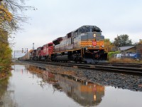 The beaver is back!
With its journey across the country almost complete, train 100-23 has one last setoff on route before going east with headend autoracks for Toronto. After lifting Chicago traffic from Vaughan IMS, CP7010 shoves west across the former west toronto diamond towards Lambton yard to set off the tailed Chicago IMS traffic. CP7010WestToronto100-23