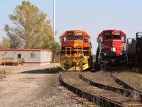 During the last month of Goderich-Exeter Railway operations on the Guelph Supervision, the railway kept their units mostly tied-down at the Kitchener yard, rather than across from the Kitchener VIA Rail station. Here two sets of GEXR motive power are seen on a Sunday afternoon beside the newly constructed future CN Guelph Subdivision Operations Centre.  