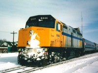The westbound International is viewed departing Stratford with VIA Rail 6444 at 14:00 for Sarnia and the US. Not long after the passenger train cleared  the junction, a Goderich-Exeter Railway drag came off the shortline's Goderich Subdivision with borrowed Cape Breton & Central Nova Scotia Railway (CBNS) C630M 2035 and leased GATX GP40G 3080, which was a former Burlington Northern unit. 