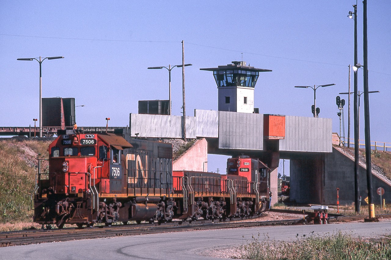 CN 7506, two CN slugs, and CN 7508 are working in CN's yard in Toronto on August 11, 1985.