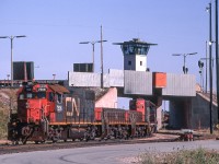 CN 7506, two CN slugs, and CN 7508 are working in CN's yard in Toronto on August 11, 1985.