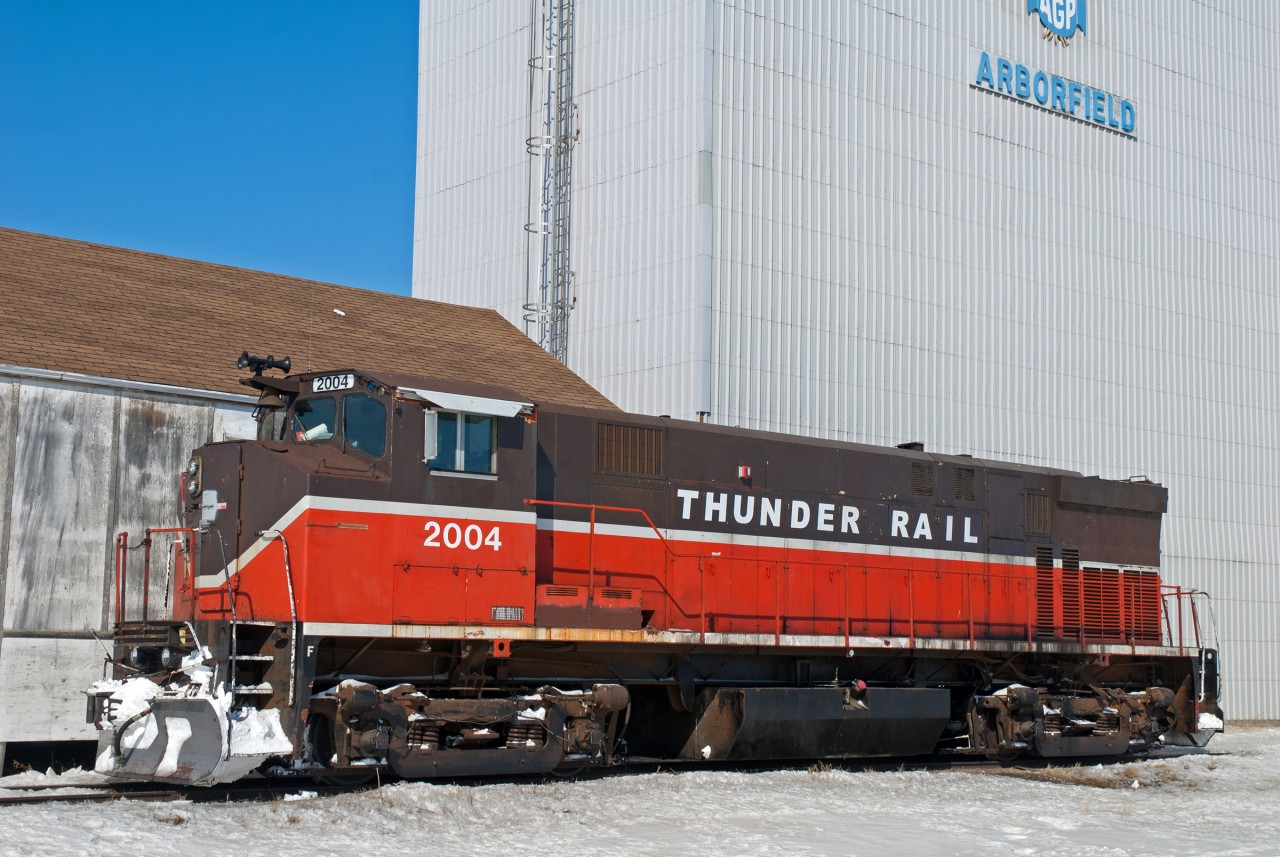 With its run to Crooked River and back now complete, Thunder Rail 2004 sits tied down next to an elevator in the Railway's home town of Arborfield.