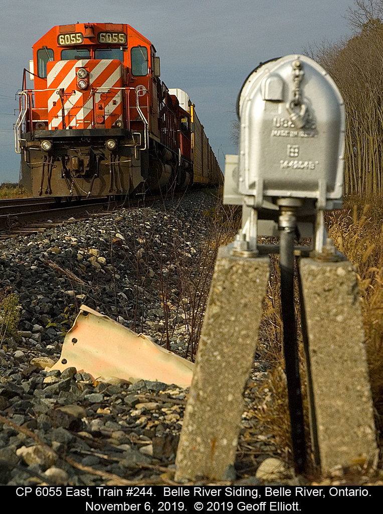 With no crew aboard CP 6055 sits quietly in the siding in Belle River, Ontario with train 244 today.  Behind is sister SD40-2 #6069, both now on the "endangered species" list for Canadian Pacific.  30 years ago this would have been the 'norm' on the Windsor Sub, and may not have warranted a second glance, but with the plethora of GE's that have invaded the CP since then these units have become a rare treat to see with their numbers dwindling quickly.