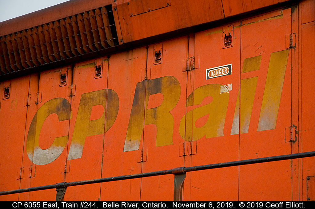 "CP Rail".....  CP SD40-2 #6055 keeps some of CP's heritage on it's flanks to this day.  6055 sits in the siding in Belle River, Ontario on November 6, 2019.
