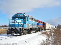 Returning from a short trip to Cowansville the Farnham yard engines have empty plastic pellet cars in tow.