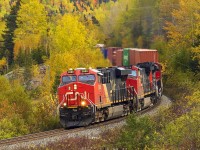 An AC is in charge of stack train 121, as they round the S-Curve at Lac Baker, New Brunswick in some Fall colors. 