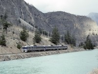 BC Rail RDC Budds 30 15 and 14 have just departed Lillooet and are southbound, traveling toward left of frame, and North Vancouver. The passenger service operated between North Vancouver and Prince George until October of 2002. 