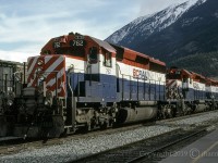 BCR 762, 758 and 757, three SD40-2's, are stopped in front of the Lillooet Station before they proceed north to Prince George. The trains ran very slowly through this region, and always with a track patrol, either a pickup or a speeder, watching for rock slides as they led them through the most treacherous parts of the terrain. I believe, from what I've read, that since CN's takeover in 2003, the track patrols were gradually replaced with barriers and slide fences. It was also in that year that what was once a world class railway experience, disappeared forever.       