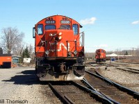 CN GP9RM's 4036 and 4141 are shown between assignments in the yard at Coteau, Quebec (at the junction of CN's Kingston Sub and Valleyfield Sub) in April 1998. CN rebuilt its GP9 fleet in the 80's and 90's to serve as roadswitchers for yard, local, and road service, and many have continued to operate under CN to this day, some at 60 years old and over.