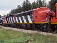 This is the 9150 after being converted to a B unit. Again, from the CNRHA, it was released back to road service in December, 1984. Here it is working with the 4603, 4330, 9108 and 4216, hauling loaded sulphur hoppers to Edmonton. The actual day is iffy, but the first few days of September for sure. This photo was shot a few miles west of Redwater. From the date this picture was taken, the 9108 only has a couple of years of life left. The CNRHA reports it was retired in December, 1989. If these units had been easier to get in and out of, I would think they may have had longer lives, like their GP9 brothers. Please see my neighbouring photo for the first part of this caption. Thanks.
