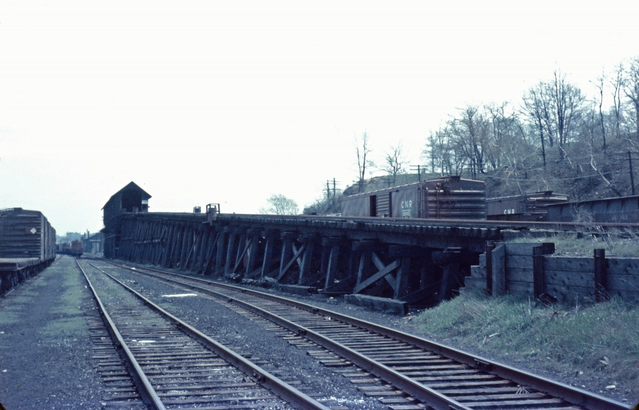 With steam operations having ceased almost a year ago, the massive coaling tower in Hamilton stands idle in this shot from May 1960.