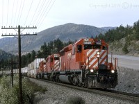 A westbound CP intermodal on the outskirts of Lytton B.C., where the Thompson and Fraser rivers converge, and a railway town well known for its summer heat waves, and therefore often ... the hottest spot in Canada.


CP 5666 was retired in 2007 and sold for parts in 2009. The 5659 was sold in 1999, and the 5848 in 2004.

 
Info courtesy: mountainrailway.com
