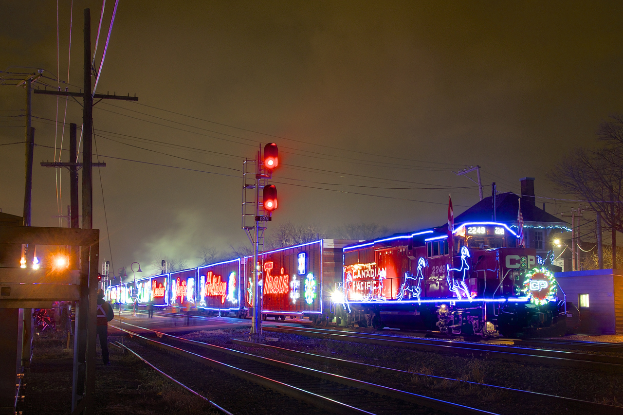 The Canadian version of CP's Holiday Train is making its first stop of the year at Montreal West Station. The power is parked near the Montreal West tower, which controlled all movements through this busy junction up until roughly the mid-1980's.