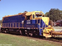 Another one of Goderich Exeter Railway's hand-me-down 4-axle units, GEXR GP38 3856 works at Stratford in August 2002. It has been restenciled and renumbered for GEXR, but still sports the blue and yellow of former owner New England Central RR, a railroad in the RailAmerica family (who also owned GEXR). It was originally Gulf, Mobile & Ohio 720, and worked for Illinois Central before becoming NECR 9539. GEXR 3856 was eventually transferred up north to the Ottawa Valley Railway, and sent for rebuilding as RLK 2054.
