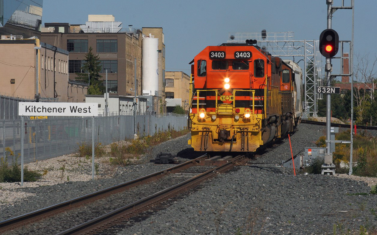 Goderich-Exeter Railway train 431 with SD40-2's RLHH 3403 and GEXR 3394 highball towards Stratford at Kitchener West. At the same time, GEXR 540 was waiting for them to clear on the Huron Park Spur with RLK 4095 and SLR 3806 light power.