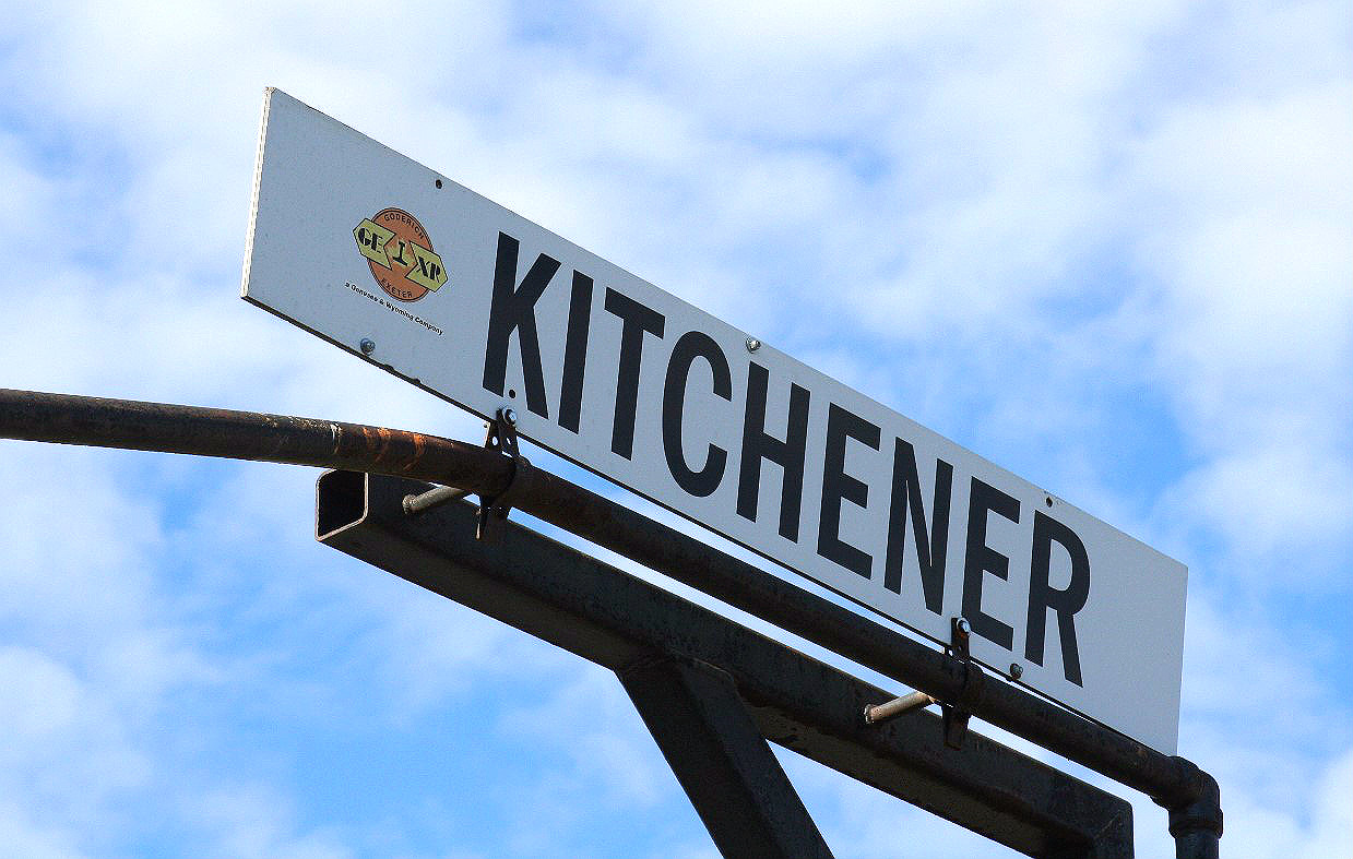 In less than two weeks, Goderich-Exeter Railway Kitchener would once again become CN Kitchener, however the GEXR applied sign still continued to proudly watch over the two locomotive tracks across from the Kitchener station until the change.