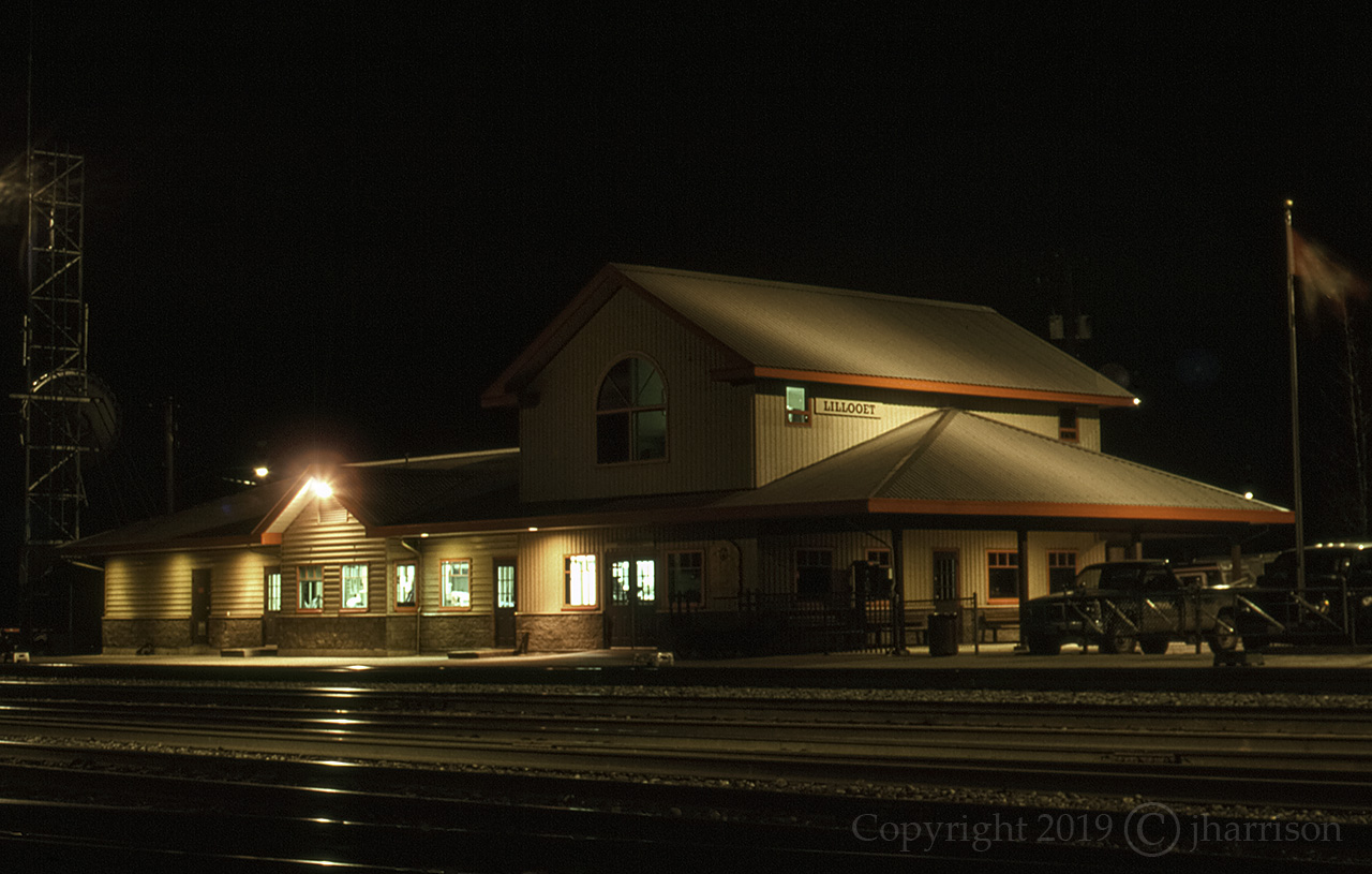 Close to midnight at the Lillooet Station on a cold and windy 12th of April in '95. Passenger service was shut down in 2002 and CN took over one year later. At the time, a politically sensitive issue, to say the least.