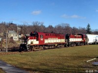 Ontario Southland Railway RS18u 180 and RS23 505 (both ex-CP units) are seen working a freight through Guelph on the Guelph Junction Railway in January 2007.
<br><br>
OSR has purchased some secondhand GMD SW1200RS and GP9u units from CP in more recent years, but their old MLW RS23 and RS18u units have been OSR's regular power on the line since startup, and continue to see use.
