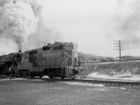 In early 1959, you could still find steam power handling mainline trains on CN in southern Ontario--but not for long. According to Don McQueen's Canadian National Steam!, midnight May 31, 1959 was "the effective dieselization of Central Region. All steam stored for emergency use." So, savour this view of GP9 4523 assisting Northern (4-8-4) 6112 through the "Cowpath" and up the Copetown hill...it is a show that will only continue for a few more months.